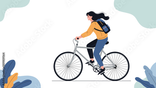 A cheerful young woman with a backpack is happily riding a bicycle across a clean background with abstract organic shapes.