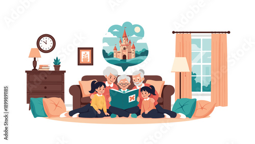 Grandparents are warmly reading a fairytale book to their two young granddaughters, who are captivated by a story of a magical castle.