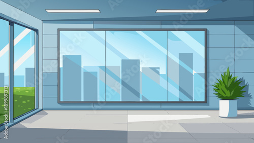 Modern office space with large glass windows and minimalist design isolated on white background, Vector