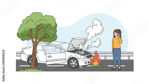 A distressed woman is calling for help on her phone beside her broken-down car, which is engulfed in smoke and fire on the roadside.