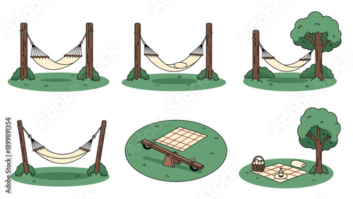 A charming set illustrating outdoor leisure activities, featuring several hammocks, a picnic spread, and a playful seesaw in a park setting.