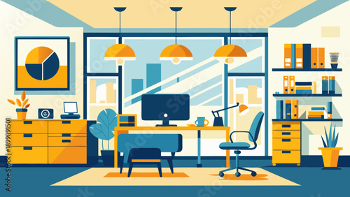 Modern living room with home office setup and stylish furniture arrangement isolated on white background, Vector