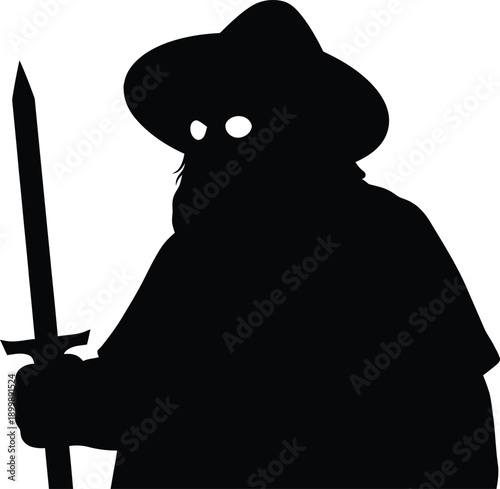 Mysterious Silhouette of a Dark Warrior Holding a Sword Wearing a Wide Brimmed Hat with Glowing Eyes for Fantasy Roleplaying Games and Spooky Halloween Graphic Projects.