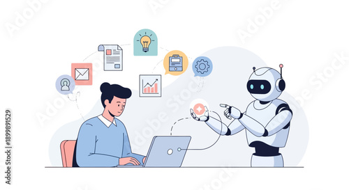 Conceptual illustration of work-life balance with woman meditating and office buildings on a scale.