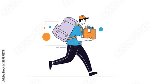 A fast and efficient delivery man, wearing a backpack, is running quickly while holding a package, symbolizing quick and reliable service.