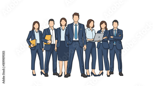 A confident and professional business team, comprising men and women in sharp suits, stands together, representing corporate unity and strength.