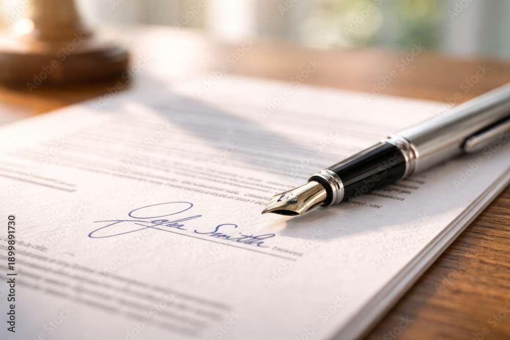 Fototapeta premium Elegant fountain pen resting next to signed document on table