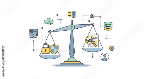 Conceptual illustration of work-life balance with woman meditating and office buildings on a scale.