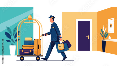 A professional bellhop, dressed in uniform, is walking through a hotel lobby, pushing a luggage cart stacked with suitcases.