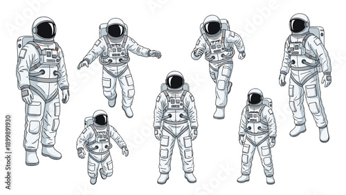 A detailed collection of seven astronauts in full suits, depicted in various action poses, including standing, floating, and running.
