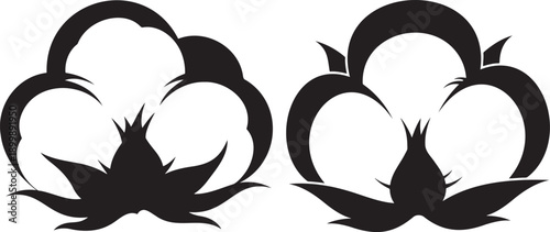 Two black silhouette cotton bolls, representing natural fiber, textiles, and agriculture, isolated on white.