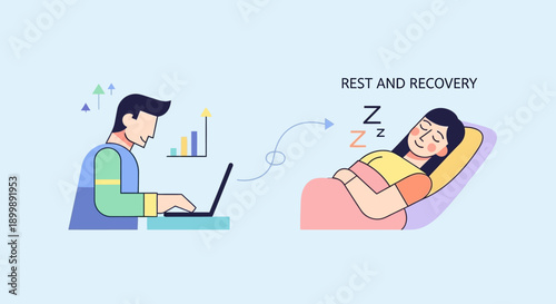 Conceptual illustration of work-life balance showing focused man working and woman resting for recovery.