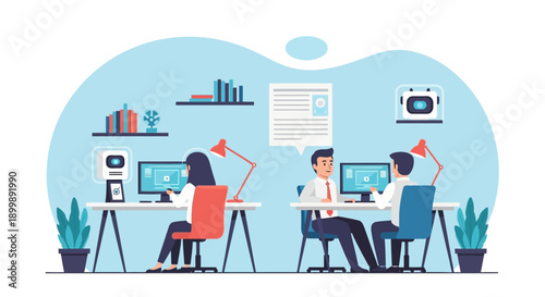 Modern office workspace with employees collaborating and working on computers.