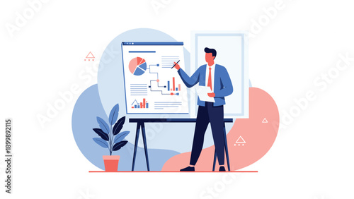 A professional man is confidently giving a business presentation, pointing to a whiteboard displaying charts and graphs, indicating data analysis.