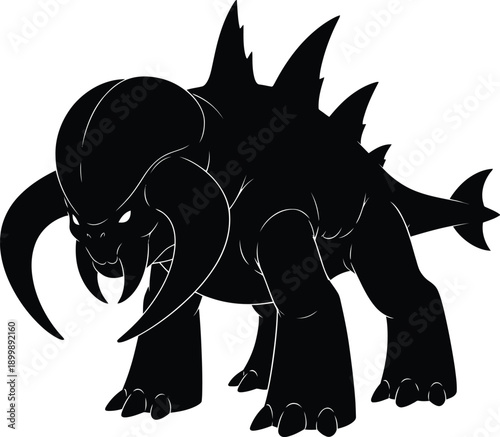 Powerful Black Silhouette of a prehistoric Fantasy Beast with Large Horns Spiked Back and Sharp Tusks for Gaming Monster Concept Art and Extinct Animal Illustration Projects.