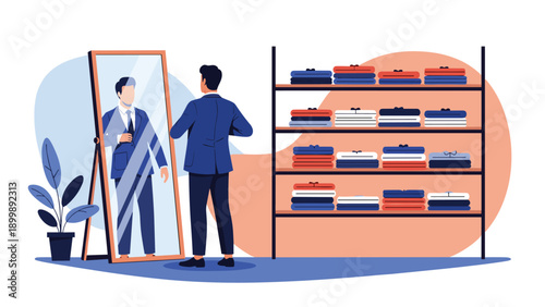 A man is standing in front of a full-length mirror, trying on a smart suit in a clothing store, evaluating his appearance.