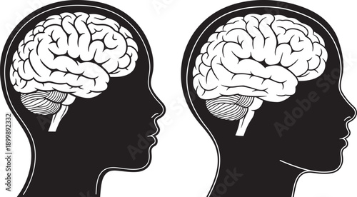 Side profile silhouettes of two human heads, with a detailed brain illustration inside, representing intellect and thought.