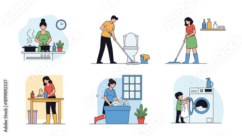 A detailed collection of illustrations showcasing various household chores, including cooking, cleaning, dishwashing, and laundry, being performed by different people.