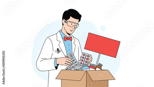 A professional pharmacist, wearing a lab coat and safety glasses, is meticulously organizing various medications in blister packs into a cardboard box.