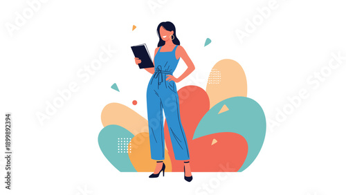 A confident and smiling young woman is standing tall, holding a clipboard, against an abstract background of colorful, organic shapes.