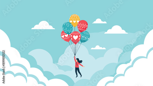 A joyful woman is soaring high in a blue sky, holding onto a cluster of colorful, heart-decorated balloons, symbolizing freedom and dreams.