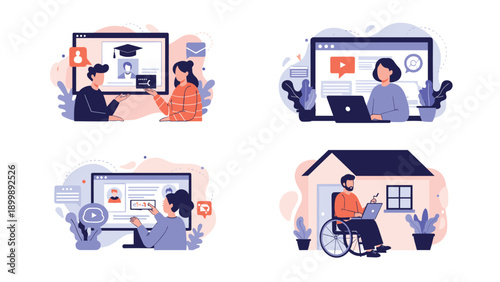 A collection of four distinct illustrations showcasing people engaged in online learning, virtual classrooms, and remote work from home settings.