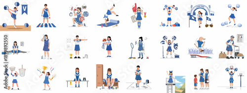 Comprehensive Vector Set Illustrating Cheerleading Training, Performance, Competition, and Daily Student Athlete Life, Showcasing Team Spirit and Dedication.