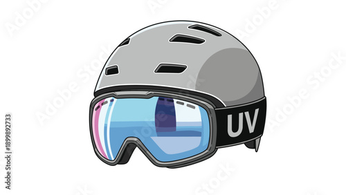 A sleek grey ski helmet is presented with reflective blue goggles attached, essential protective gear for winter sports.
