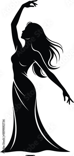Elegant Silhouette of a Graceful Woman Dancing in a Long Flowing Evening Gown Featuring Artistic Movement and Flowing Hair for Fashion or Performing Arts Concepts.