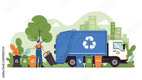 A modern garbage truck with a recycling symbol is actively collecting various recycling bins in a clean city environment.
