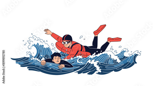 A skilled lifeguard is heroically rescuing a drowning man in choppy, wavy water, emphasizing safety and swift action in emergencies.