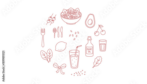 Vegan food icons set, including bowl of salad, avocado, utensils, and drink, for banner or poster, Isolated on transparent background, png