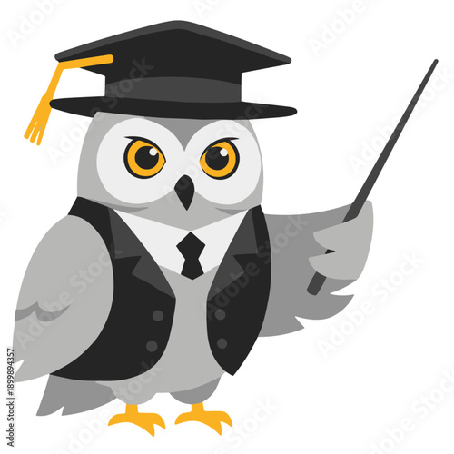 An owl wearing a graduation cap and gown holds a pointer in a classroom setting.
