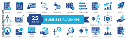Business planning icon set featuring strategic planning, forecasting, budgeting, workflow coordination, performance monitoring, leadership, goal setting, and operational management for corporate strat