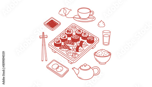 Vector Japanese food and tea set illustration, sushi, chopsticks, teapot, cup, bowl, Isolated on transparent background, png