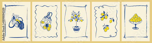 Set of Italian summer postage vintage doodle stamp, poster with whimsical wavy blue crayon frames, lemon fruit, picnic basket, wine bottle. Amalfi, Positano, Sicily, Capri La Dolce vita vacations
