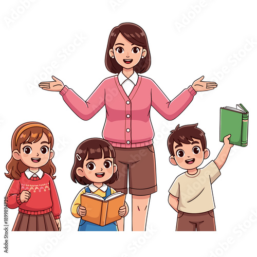 A smiling teacher stands with three students holding books in a joyful scene