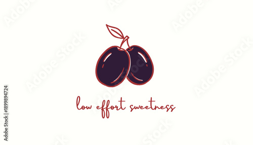Vector illustration of two plums with leaf and handwritten text 'low effort sweetness', for food branding or packaging design, Isolated on transparent background, png