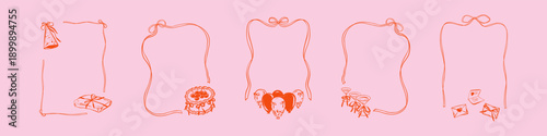 Set of birthday coquette ribbon frames with cute pink bows. Doodle crayon bachelorette, wedding, merry Christmas, Valentines Day, restaurant menu vintage victorian antique rectangle borders