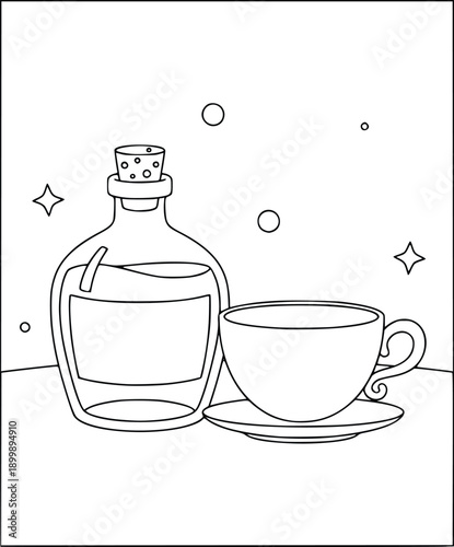 Coloring page with a round bottle of alcohol and decorative leaf patterns
