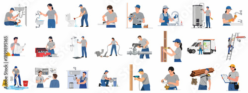 Professional Plumbing Services and Maintenance Vector Illustrations Set. Technicians repairing pipes, sinks, toilets, and water systems.
