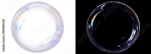 Large transparent soap bubble with purple and multicolor reflections shown on split background — half transparent PNG, half black. Perfect for showcasing bubble details and colors.