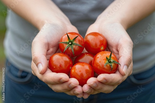 A pair of hands holding a bunch of bright, freshly picked tomatoes