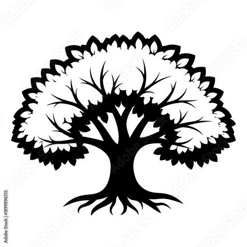 Stylized silhouette of a mature oak tree with detailed roots and abundant foliage