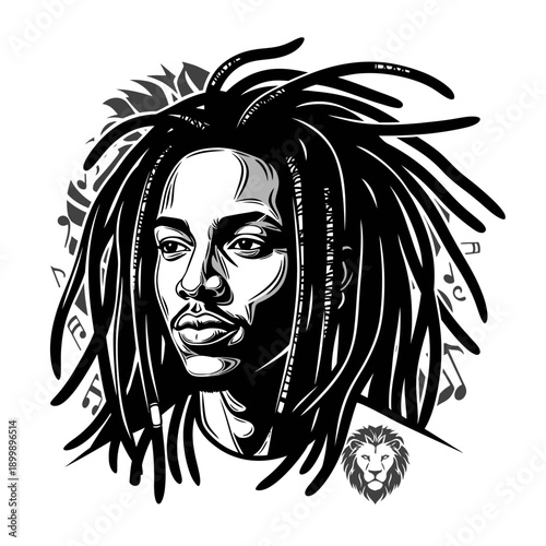 Stylized monochrome illustration of a man with dreadlocks and musical notes a symbol of reggae