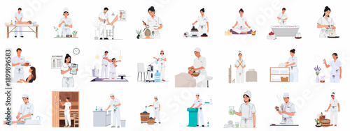 Spa and Wellness Services Collection: Flat vector set showing professional therapists performing massage, aromatherapy, facial treatments, bath rituals, and holistic care.