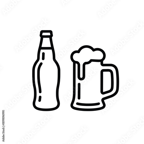Line drawing of a beer bottle and a frothy glass of beer