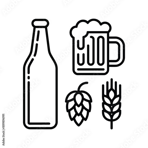 Line drawing featuring beer bottle mug hops and wheat stalks