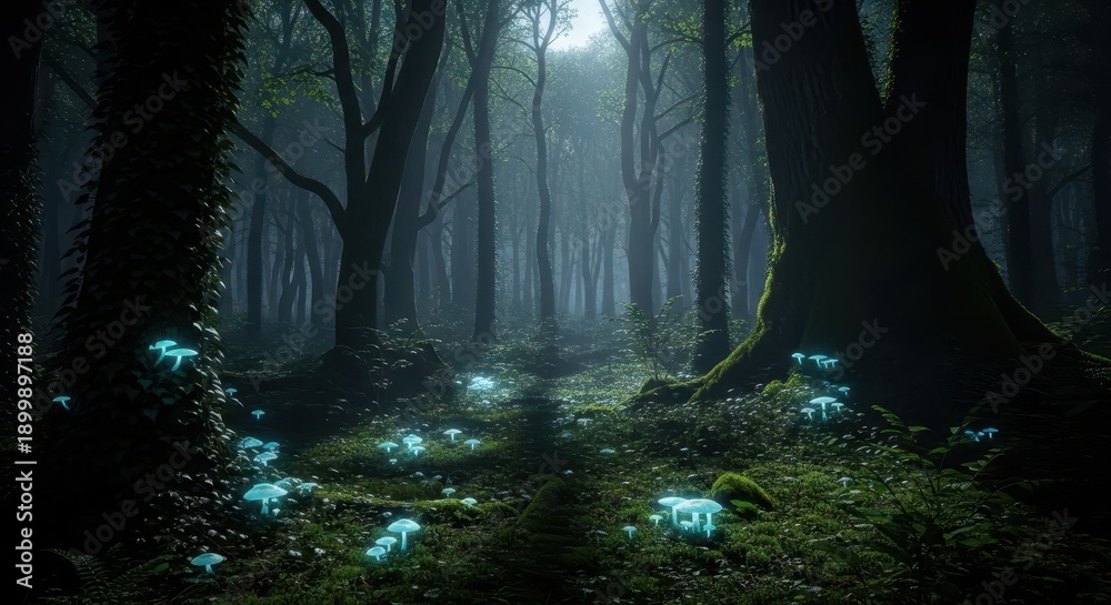 Fototapeta premium Enchanted forest floor illuminates with clusters of bioluminescent fungi under dense canopy