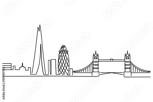Line drawing depicting the london skyline featuring iconic landmarks